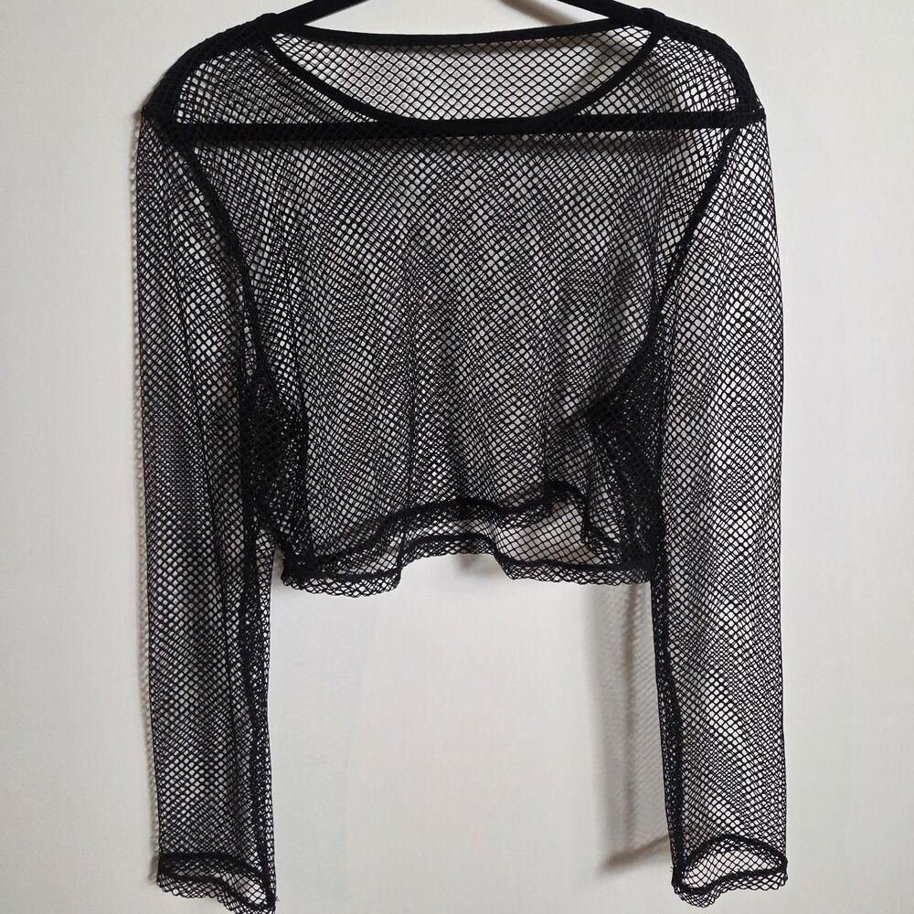 Black Fishnet Long Sleeve Crop Top Plus Size 1X 2X Goth Rave Festival Mesh Shirt